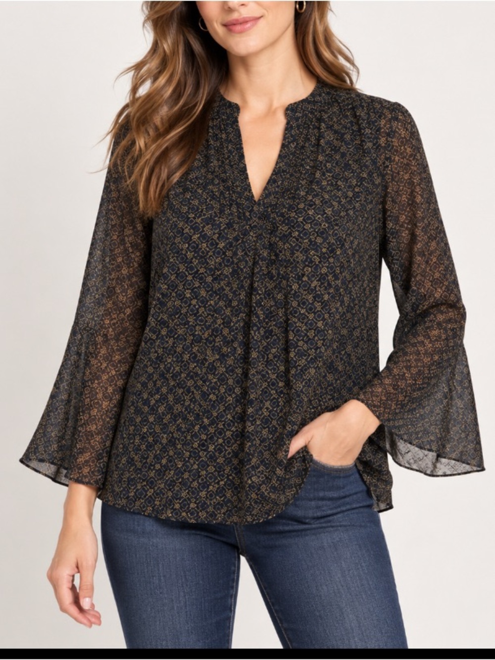 Ralph Lauren Black Blouse with Gold Geometric Print